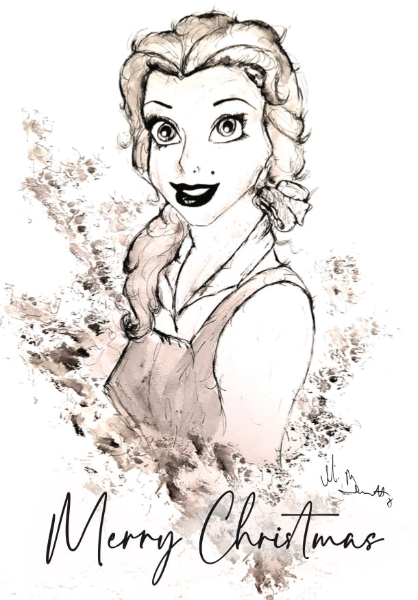 Belle A5 Christmas Card - Disney Art - Disney Princess - Disney - Beauty and the Beast Card - Disney Card
