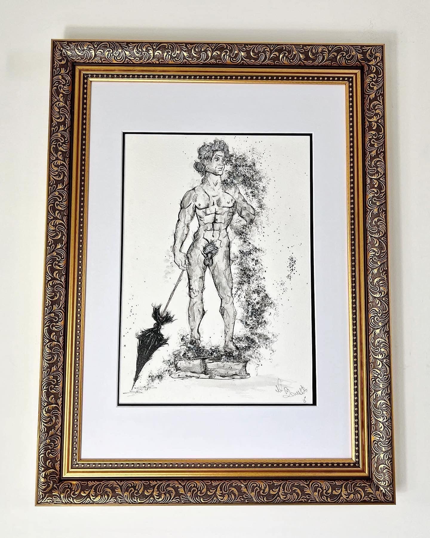 Michael Angelo - The Statue of David - Original Framed Painting - Water Colours & Ink