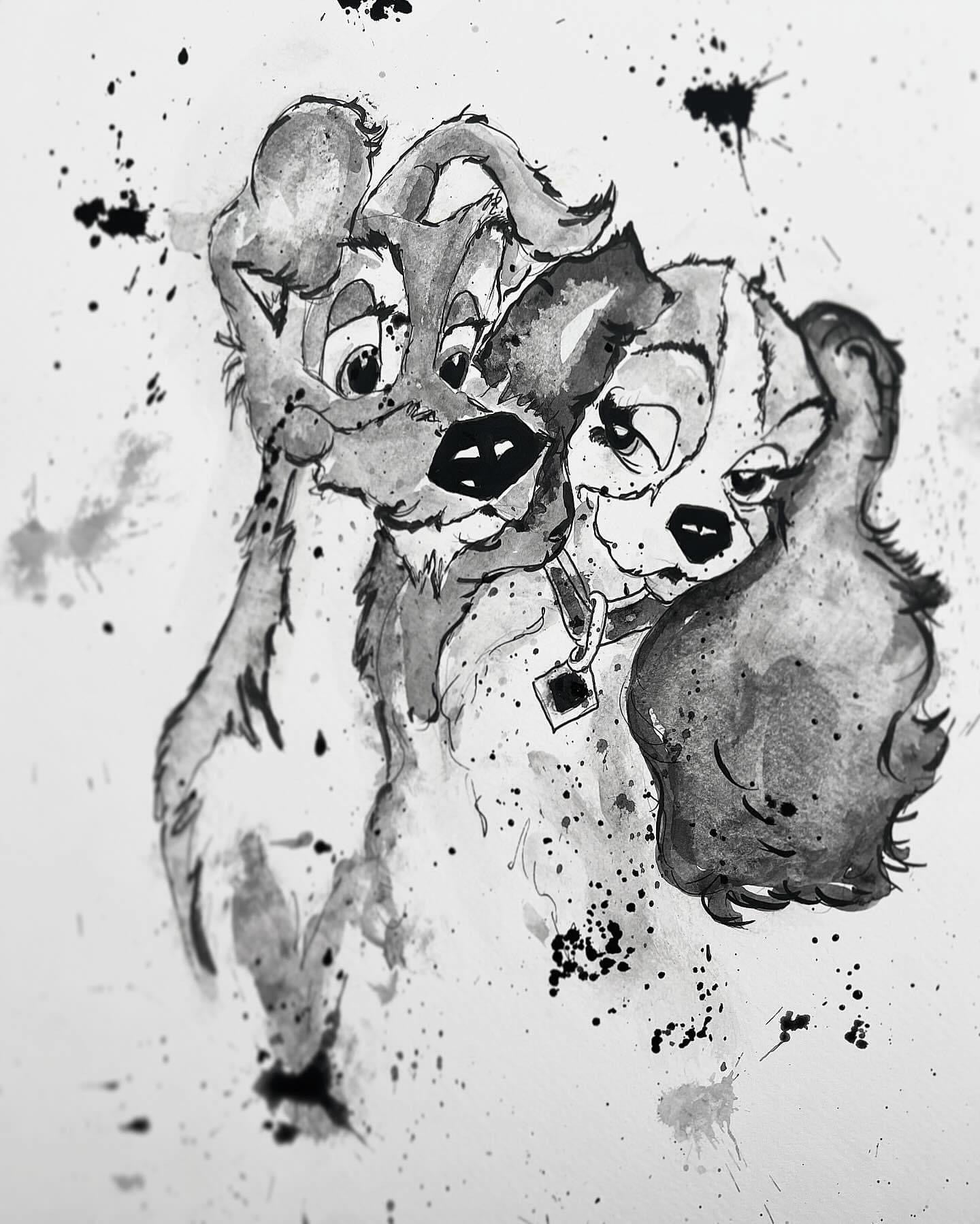 Lady and The Tramp - Original Framed Painting - Disney Art - Disney Painting - Lady and The Tramp Art