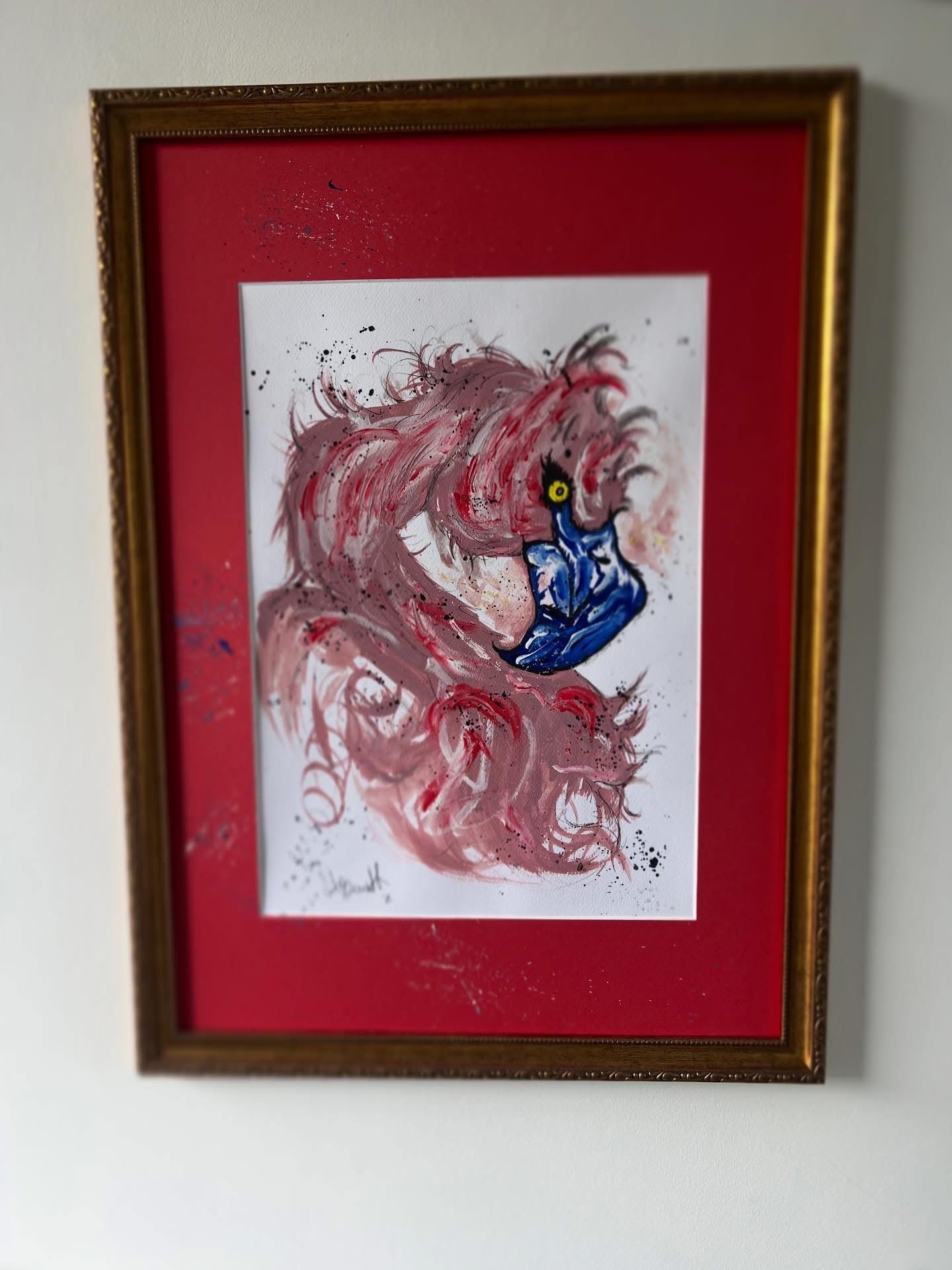 Original Gold Ornate Framed Painting - Pink Flamingo - Pop Art - 27/20 Inches