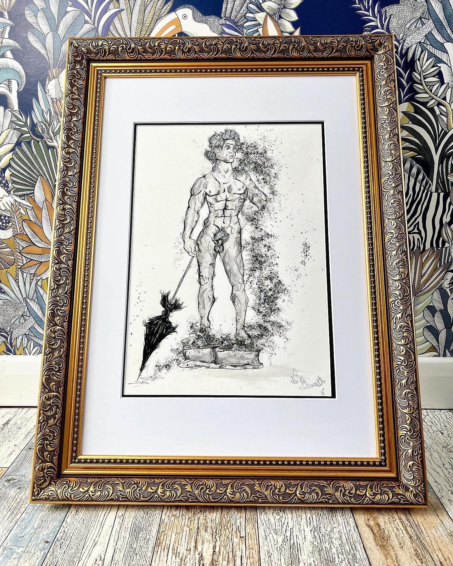 Michael Angelo - The Statue of David - Original Framed Painting - Water Colours & Ink