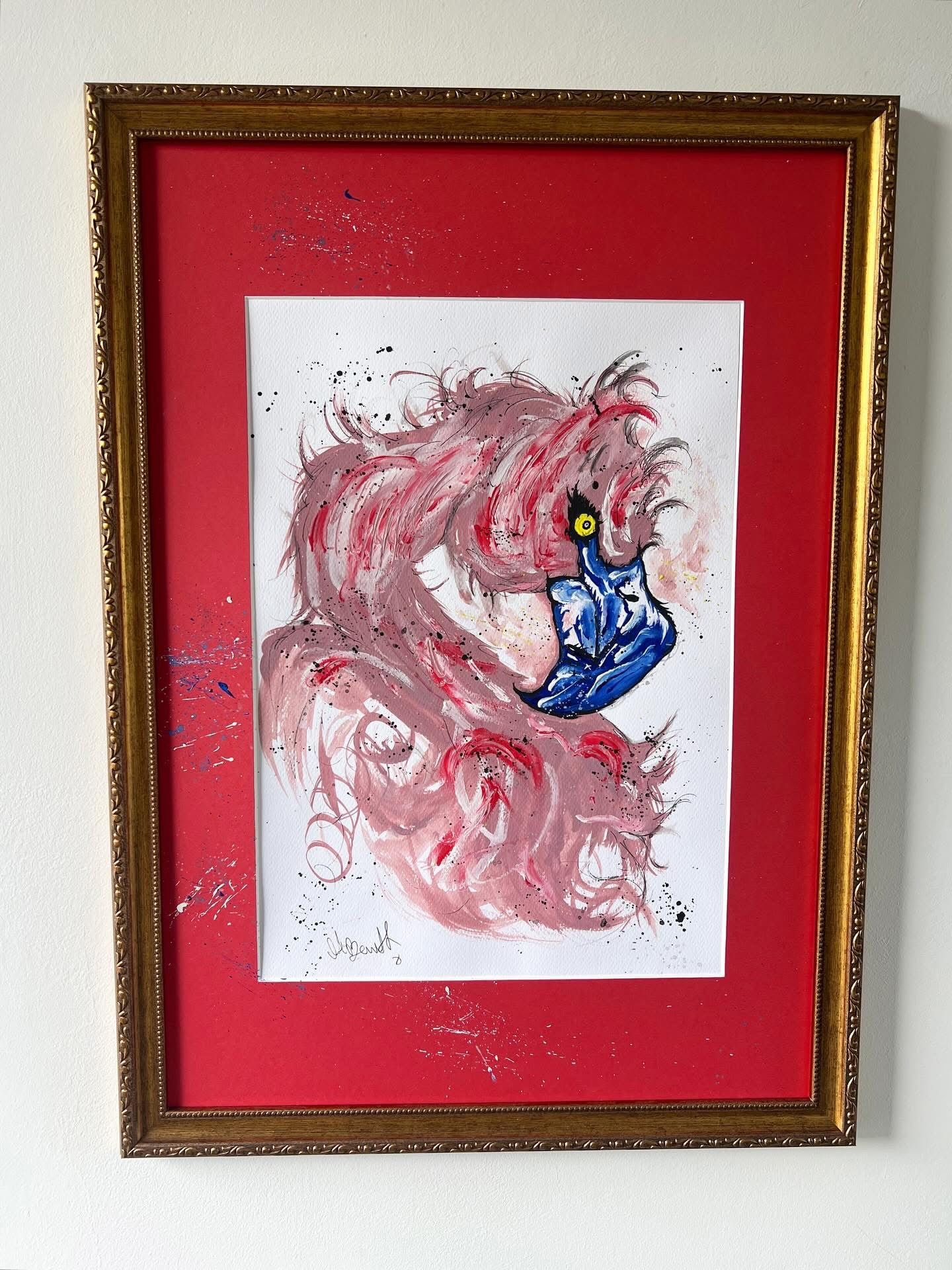 Original Gold Ornate Framed Painting - Pink Flamingo - Pop Art - 27/20 Inches