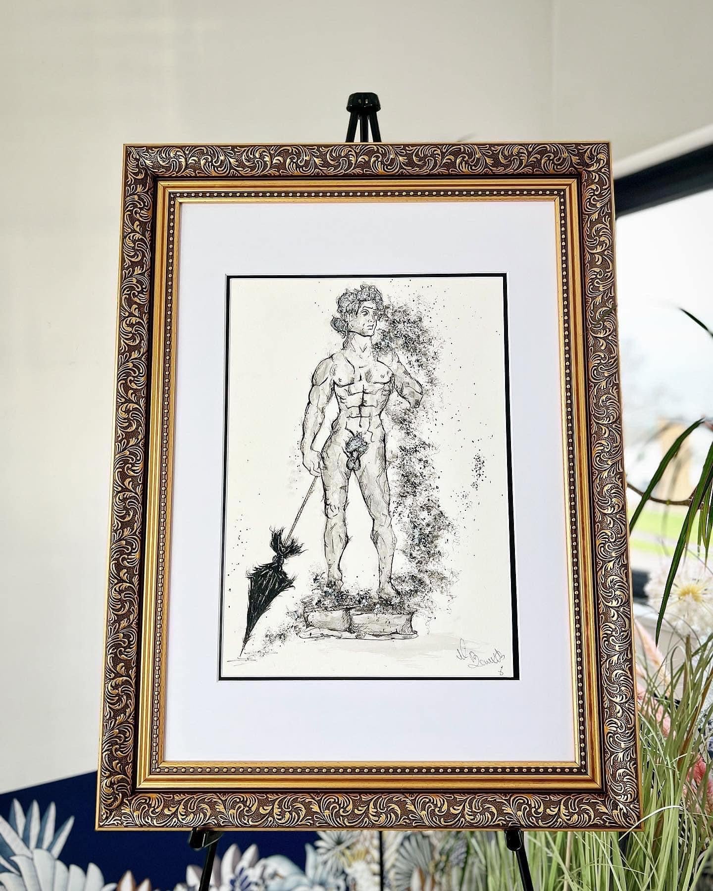 Michael Angelo - The Statue of David - Original Framed Painting - Water Colours & Ink