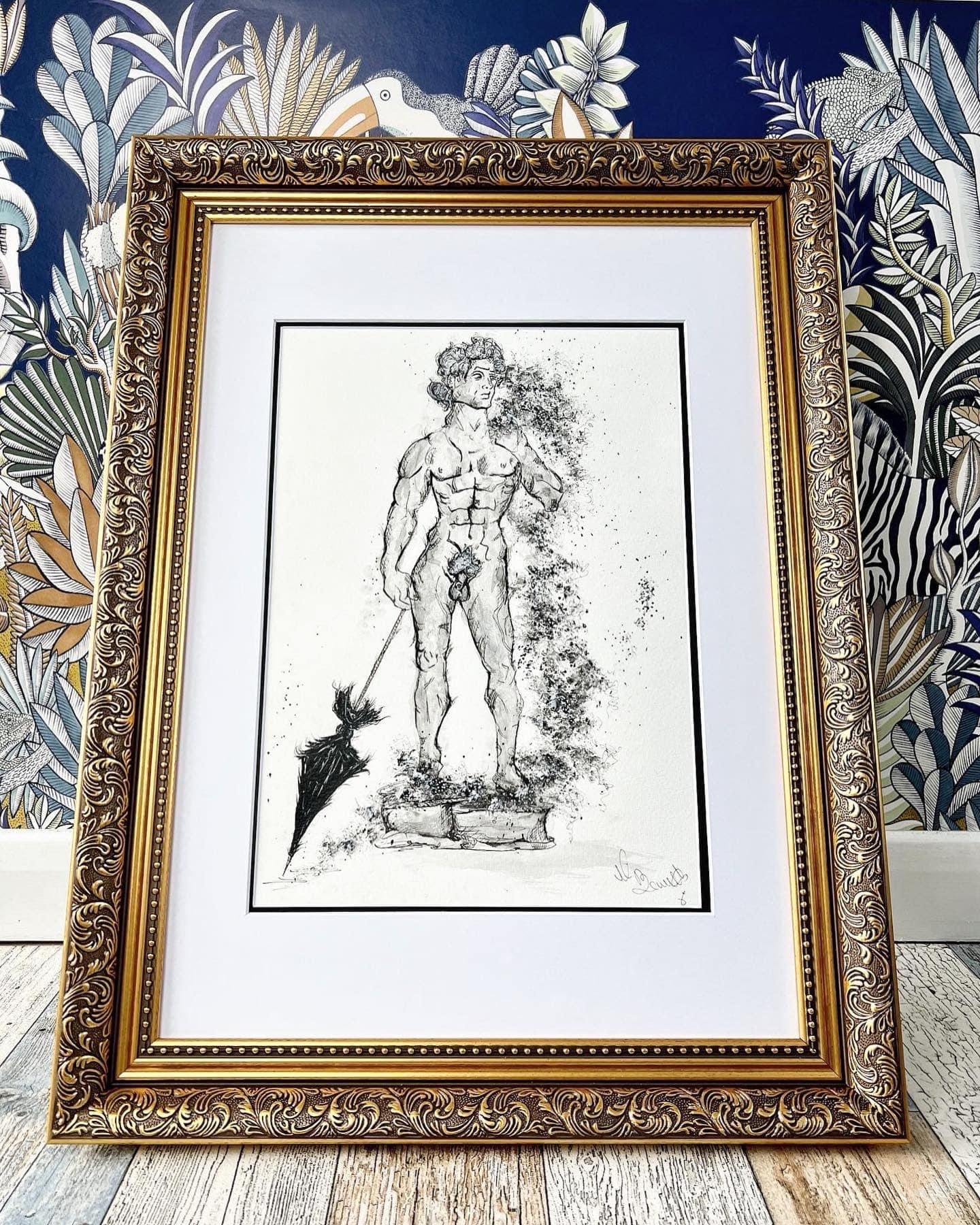 Michael Angelo - The Statue of David - Original Framed Painting - Water Colours & Ink