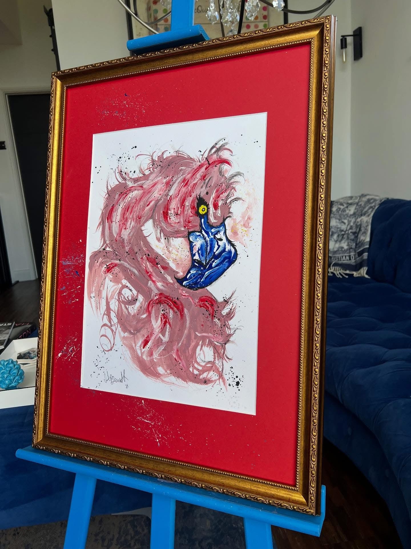 Original Gold Ornate Framed Painting - Pink Flamingo - Pop Art - 27/20 Inches
