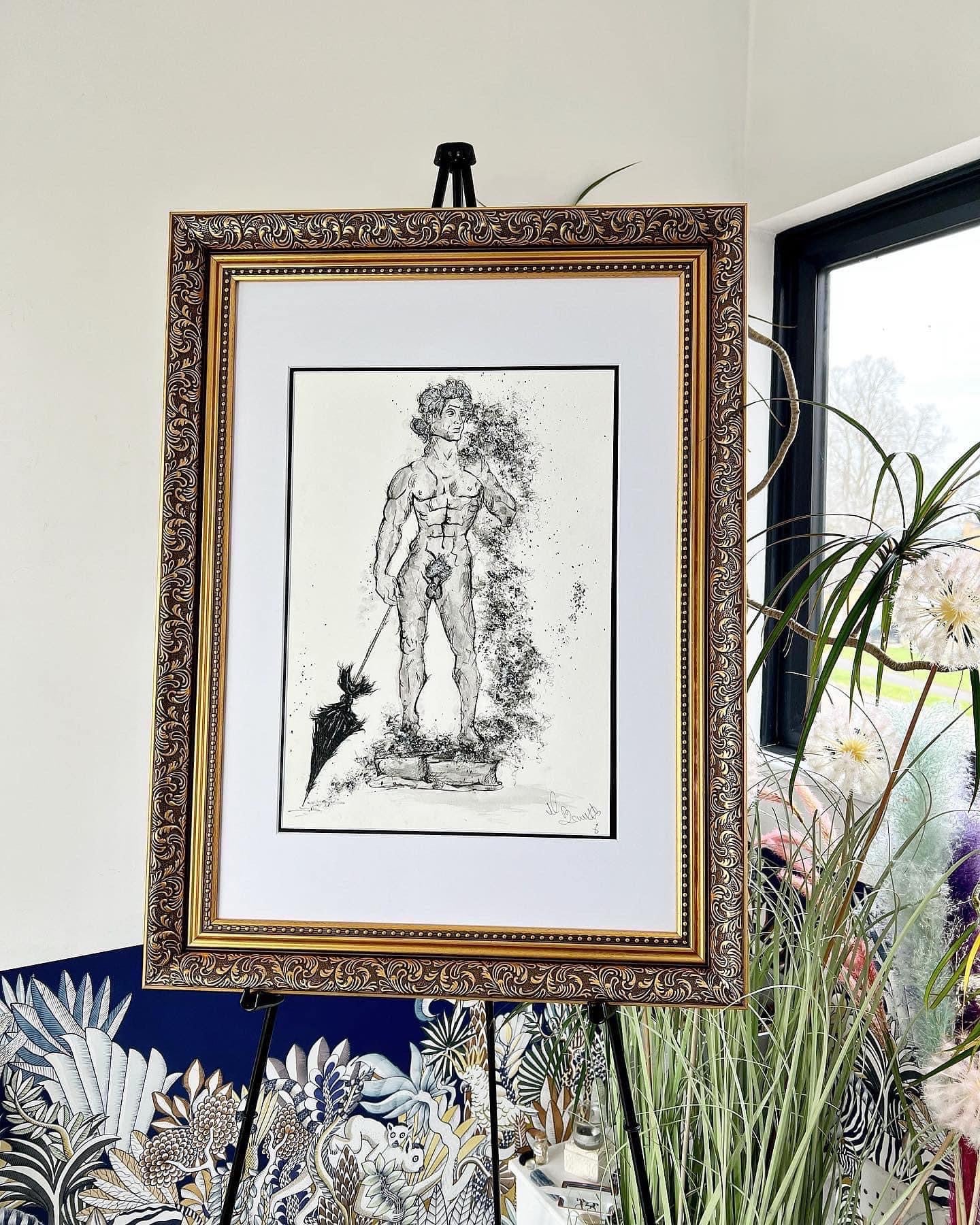 Michael Angelo - The Statue of David - Original Framed Painting - Water Colours & Ink