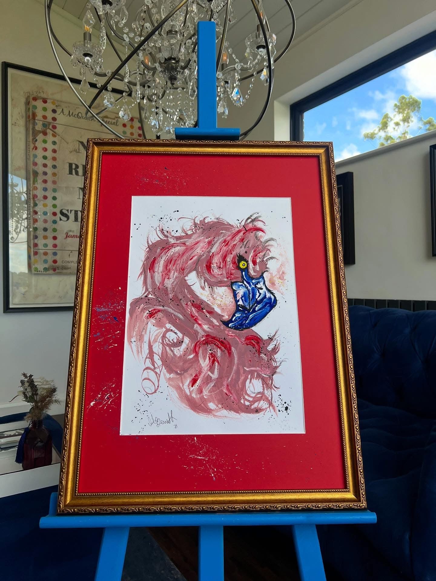 Original Gold Ornate Framed Painting - Pink Flamingo - Pop Art - 27/20 Inches