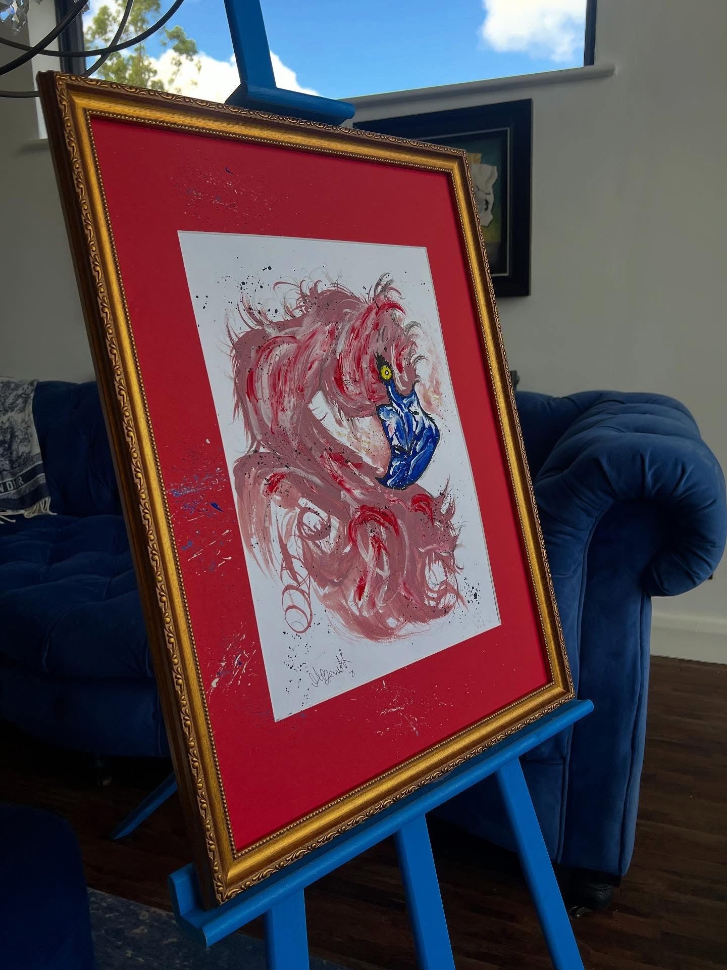 Original Gold Ornate Framed Painting - Pink Flamingo - Pop Art - 27/20 Inches