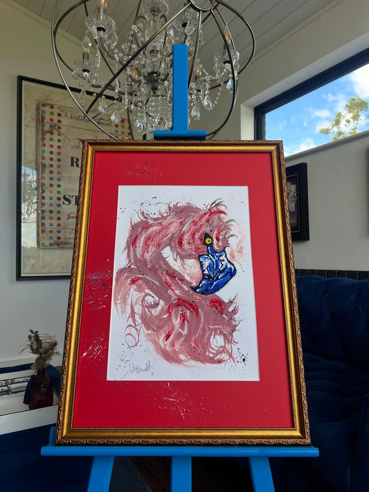 Original Gold Ornate Framed Painting - Pink Flamingo - Pop Art - 27/20 Inches