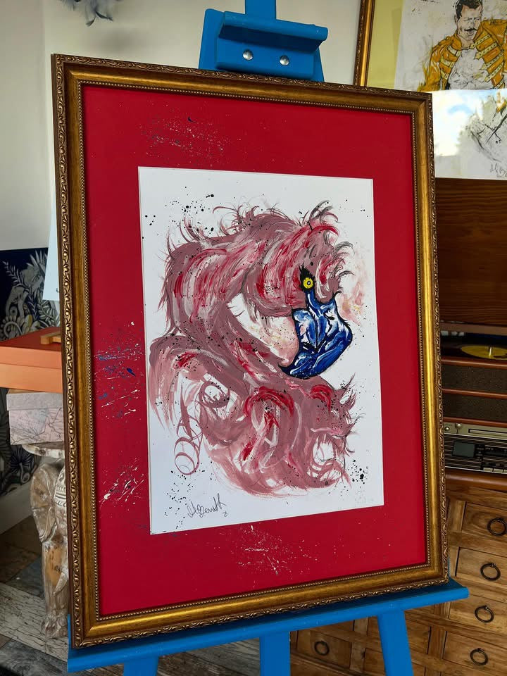 Original Gold Ornate Framed Painting - Pink Flamingo - Pop Art - 27/20 Inches