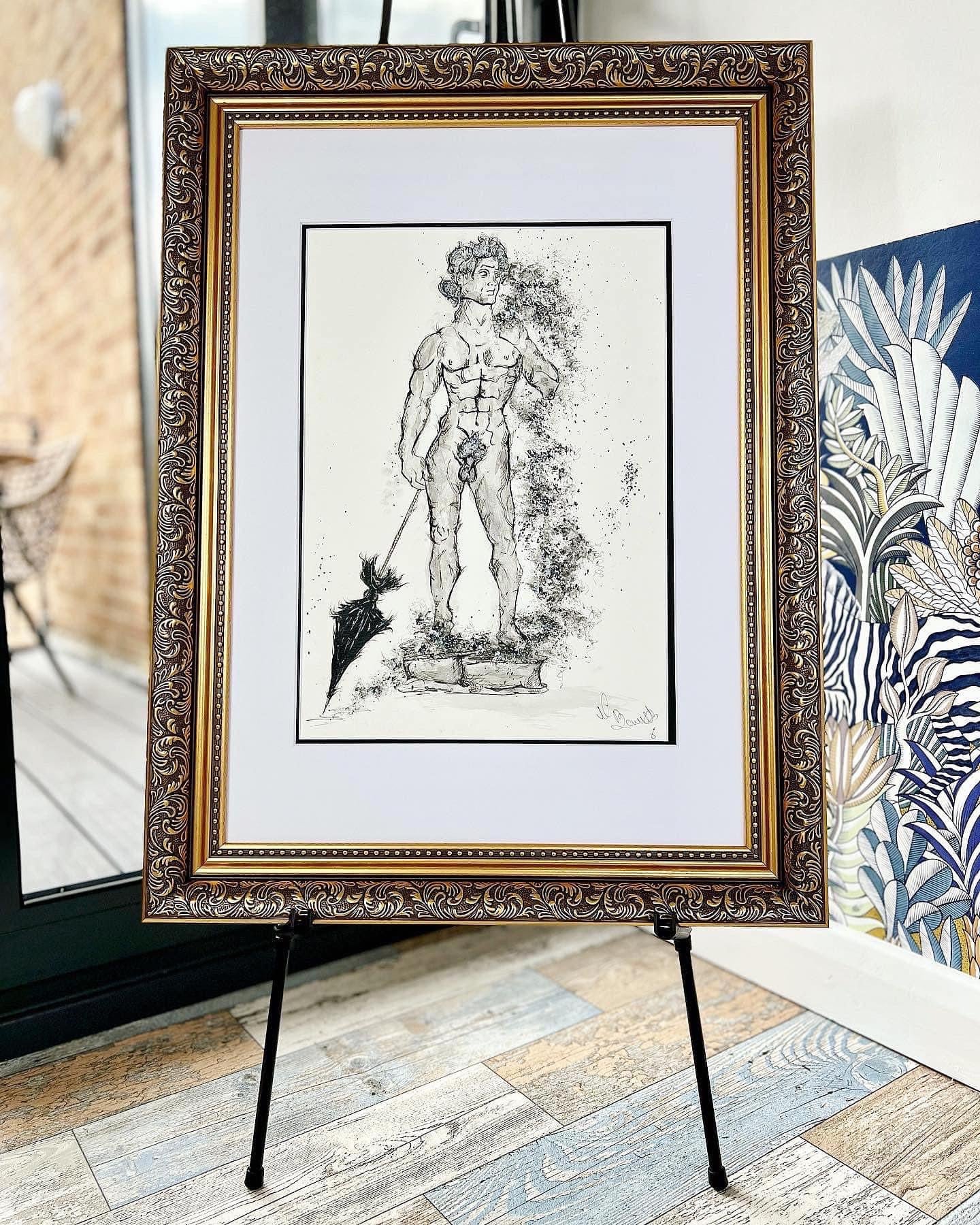Michael Angelo - The Statue of David - Original Framed Painting - Water Colours & Ink