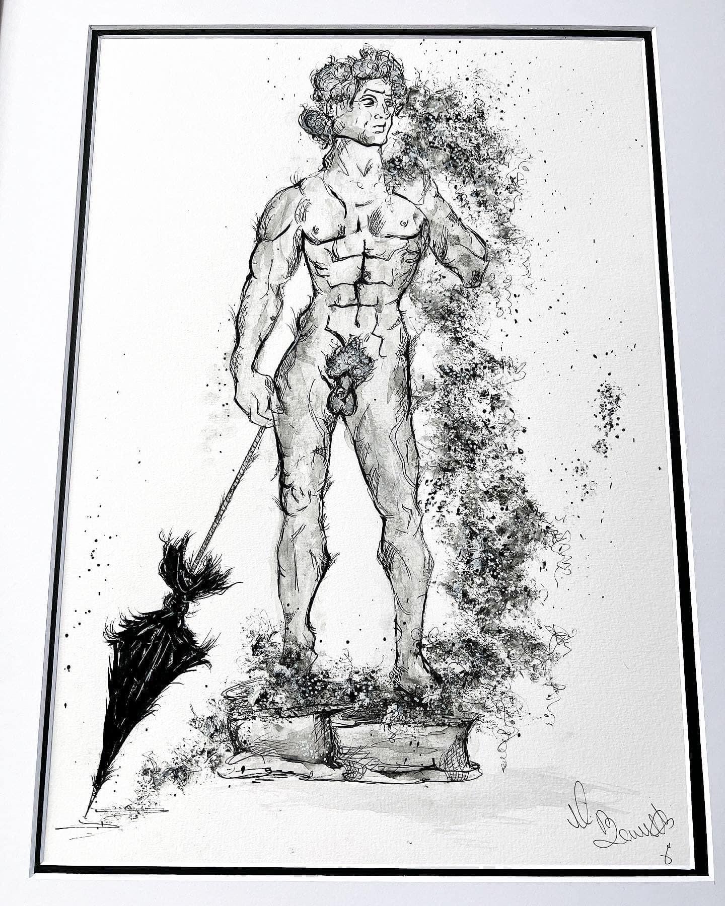 Michael Angelo - The Statue of David - Original Framed Painting - Water Colours & Ink