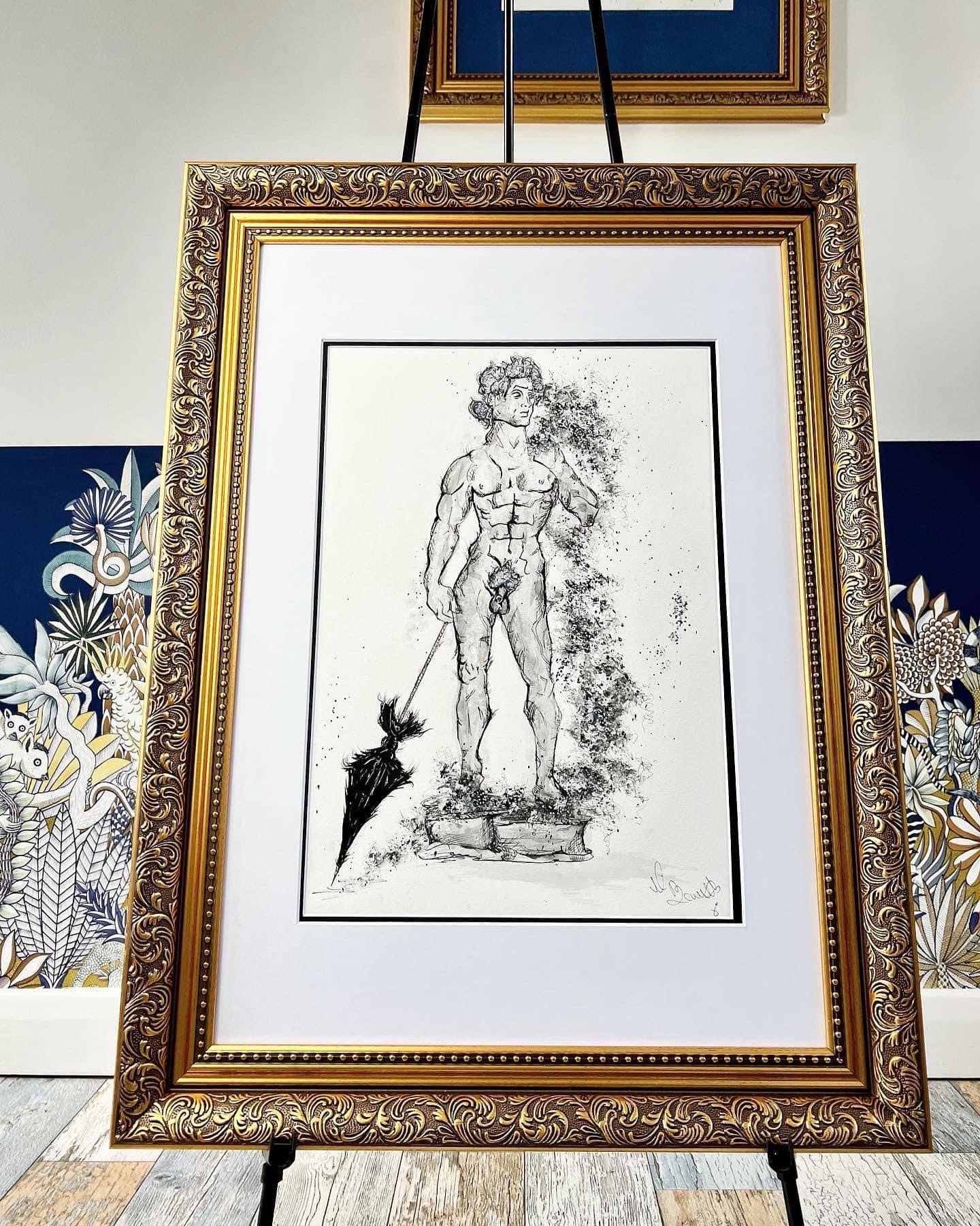 Michael Angelo - The Statue of David - Original Framed Painting - Water Colours & Ink