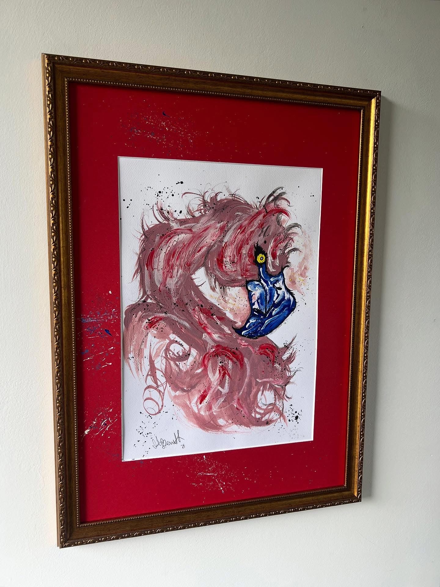 Original Gold Ornate Framed Painting - Pink Flamingo - Pop Art - 27/20 Inches