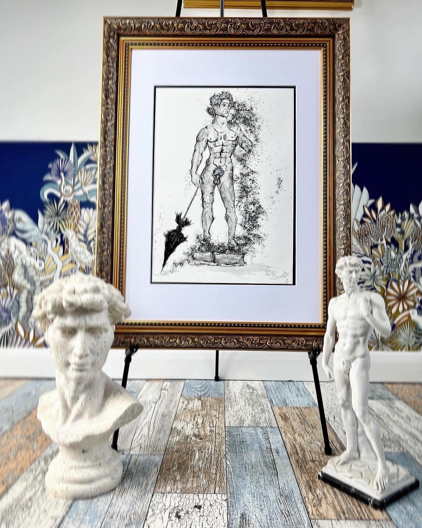 Michael Angelo - The Statue of David - Original Framed Painting - Water Colours & Ink